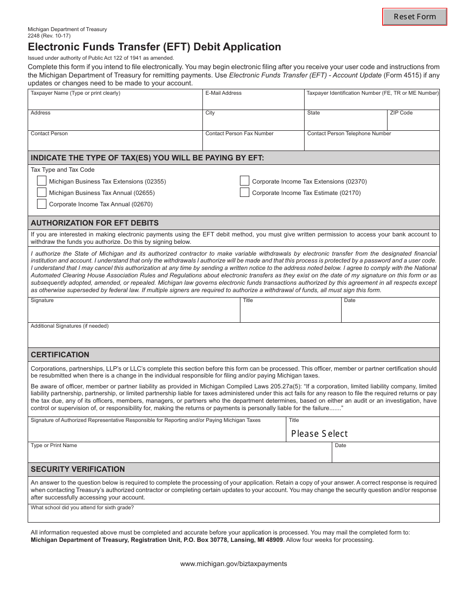 Form 2248 Electronic Funds Transfer (Eft) Debit Application - Michigan, Page 1