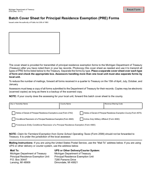 Form 2753 Batch Cover Sheet for Principal Residence Exemption (Pre) Forms - Michigan