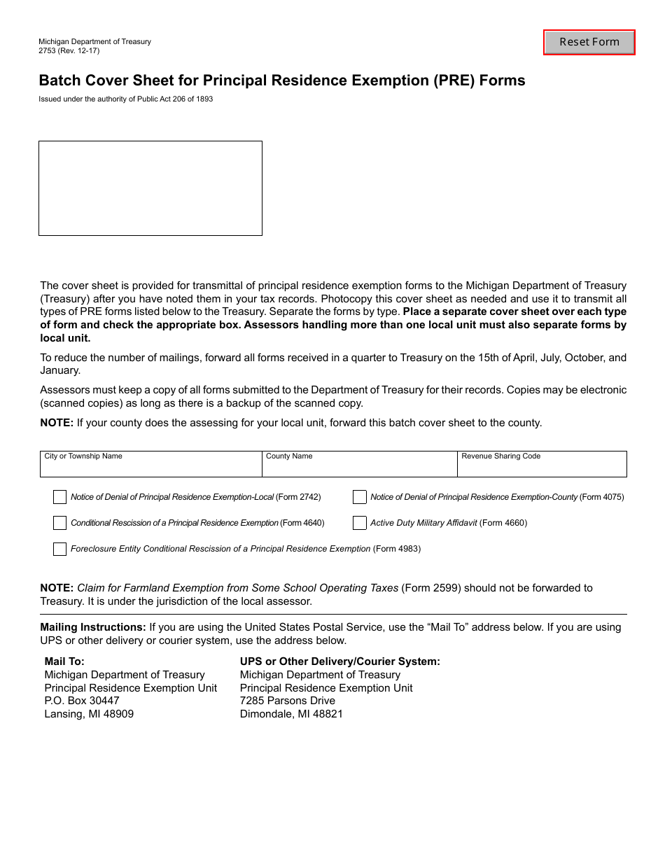 Form 2753 Batch Cover Sheet for Principal Residence Exemption (Pre) Forms - Michigan, Page 1