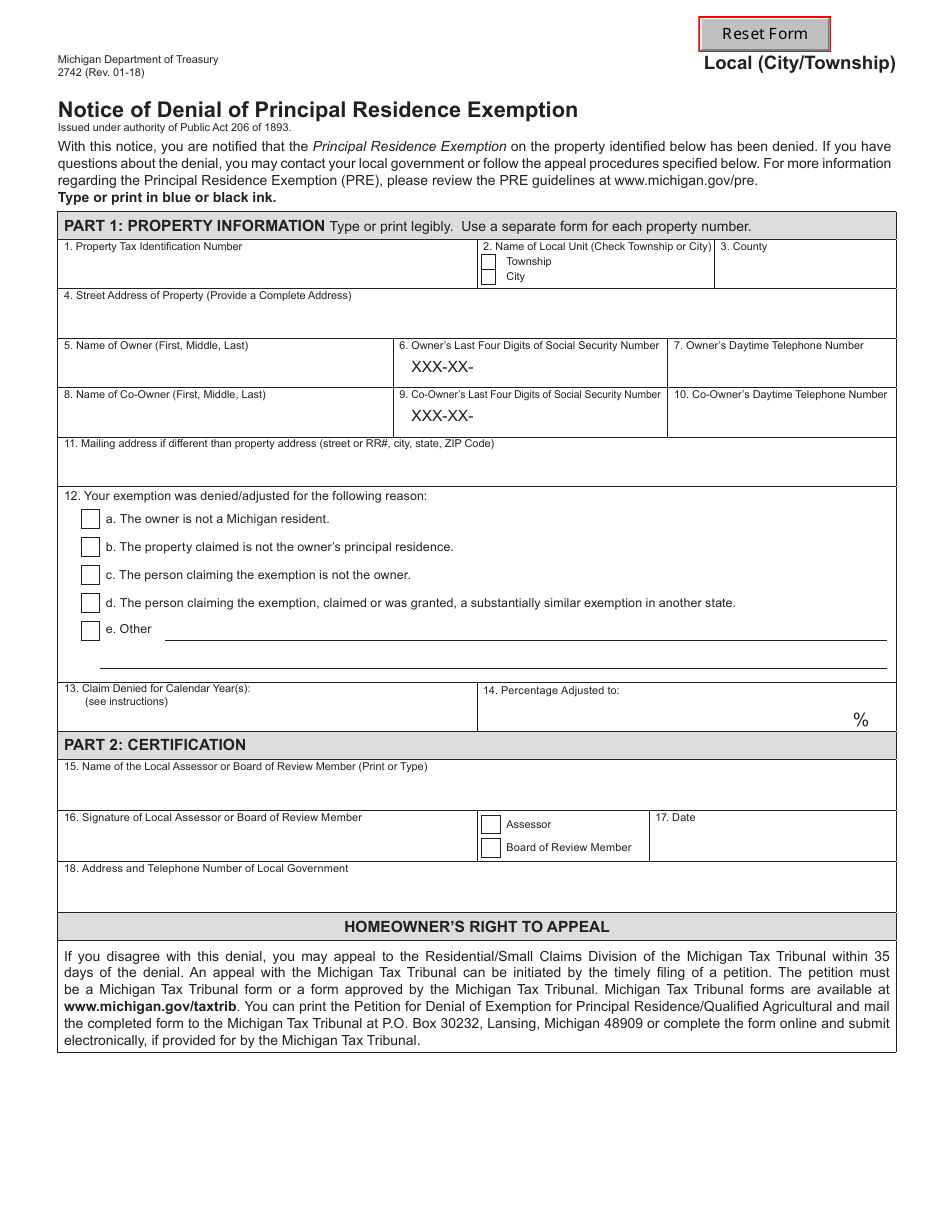 Form 2742 Notice of Denial of Principal Residence Exemption - Michigan, Page 1