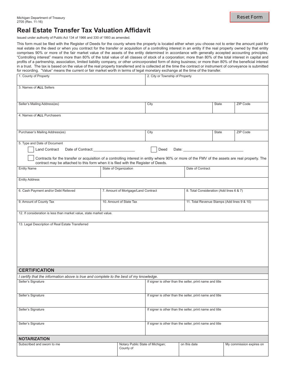 Form 2705 Real Estate Transfer Tax Valuation Affidavit - Michigan, Page 1