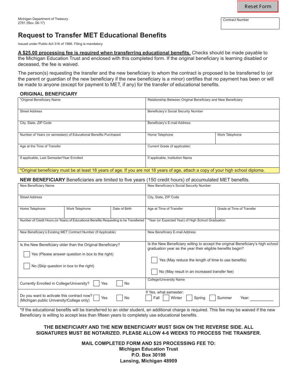 Form 2781 Request to Transfer Met Educational Benefits - Michigan, Page 1