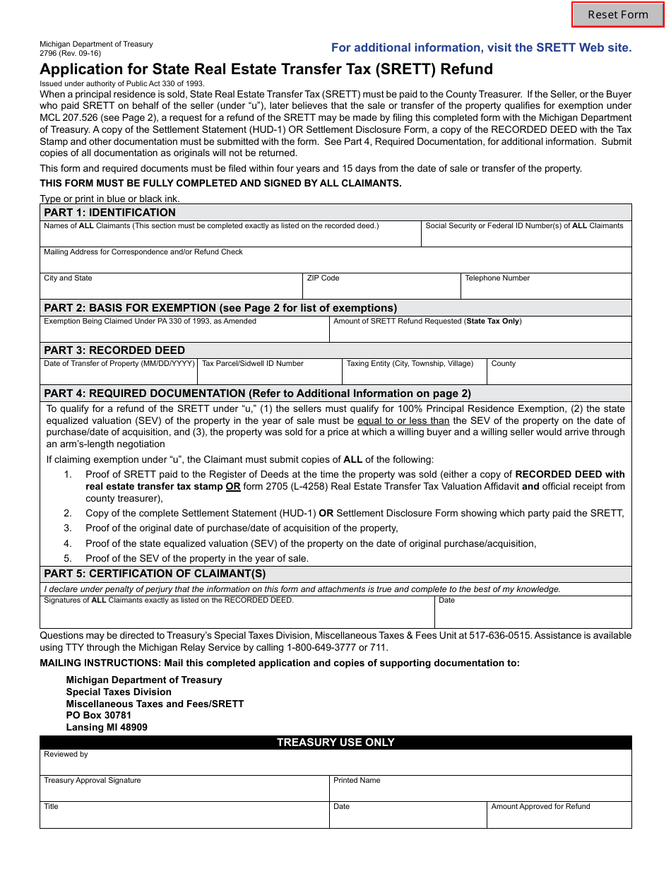 Form 2796 Application for State Real Estate Transfer Tax (Srett) Refund - Michigan, Page 1