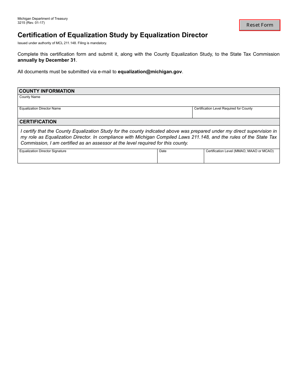 Form 3215 Certification of Equalization Study by Equalization Director - Michigan, Page 1