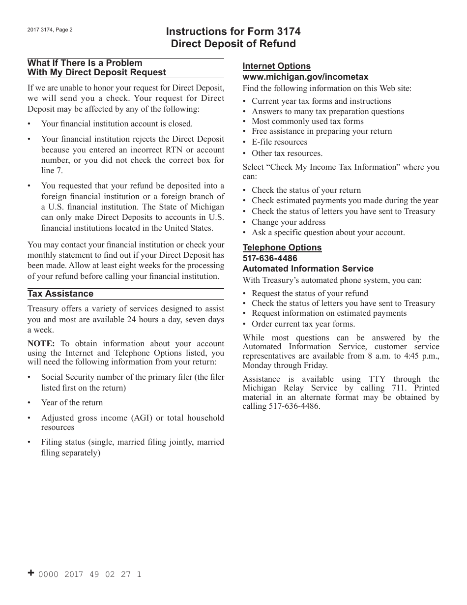Form 3174 Michigan Direct Deposit of Refund - Michigan, Page 2