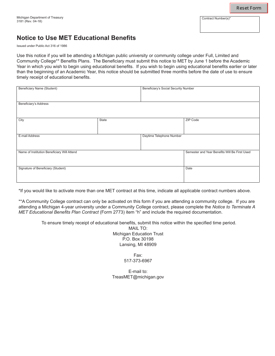 Form 3181 Notice to Use Met Educational Benefits - Michigan, Page 1