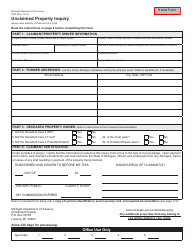 Document preview: Form 3433 Unclaimed Property Inquiry - Michigan