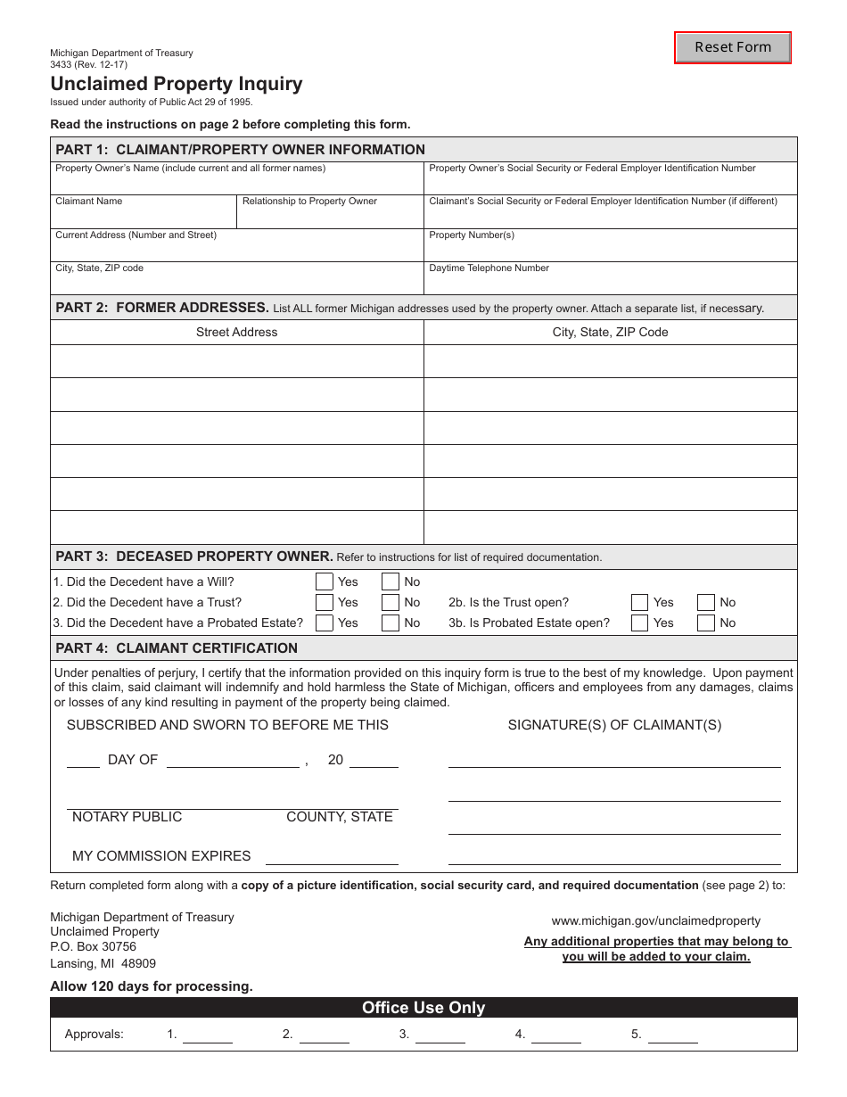 Form 3433 Unclaimed Property Inquiry - Michigan, Page 1