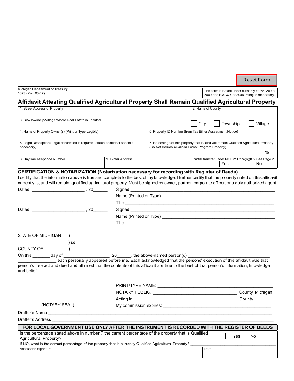 Form 3676 Affidavit Attesting Qualified Agricultural Property Shall Remain Qualified Agricultural Property - Michigan, Page 1