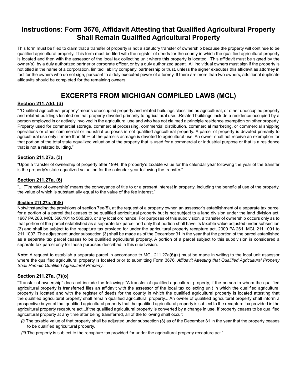 Form 3676 Affidavit Attesting Qualified Agricultural Property Shall Remain Qualified Agricultural Property - Michigan, Page 2