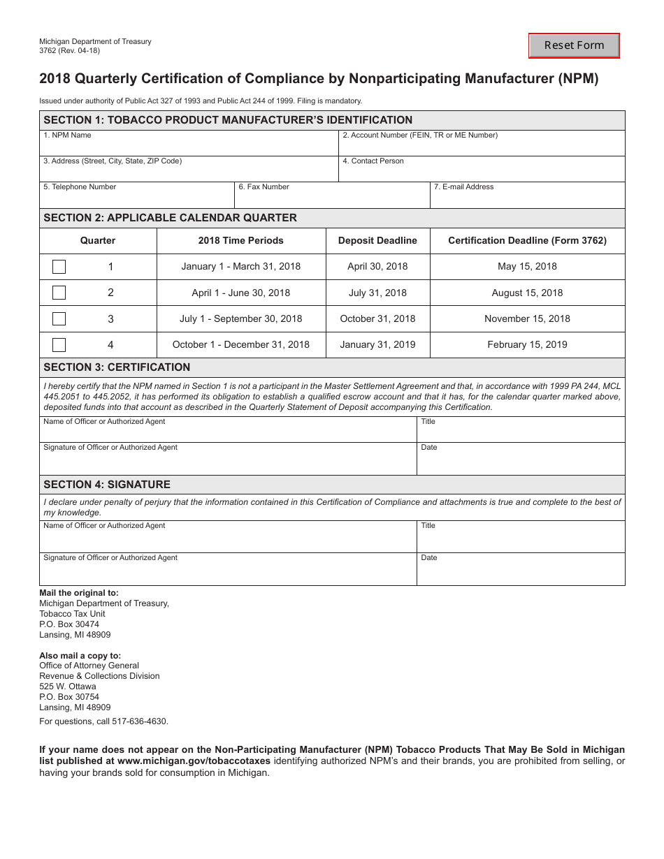 Form 3762 Quarterly Certification of Compliance by Nonparticipating Manufacturer (Npm) - Michigan, Page 1