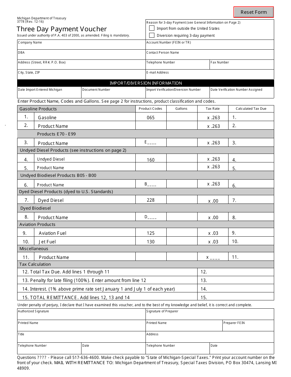 Form 3778 Three Day Payment Voucher - Michigan, Page 1