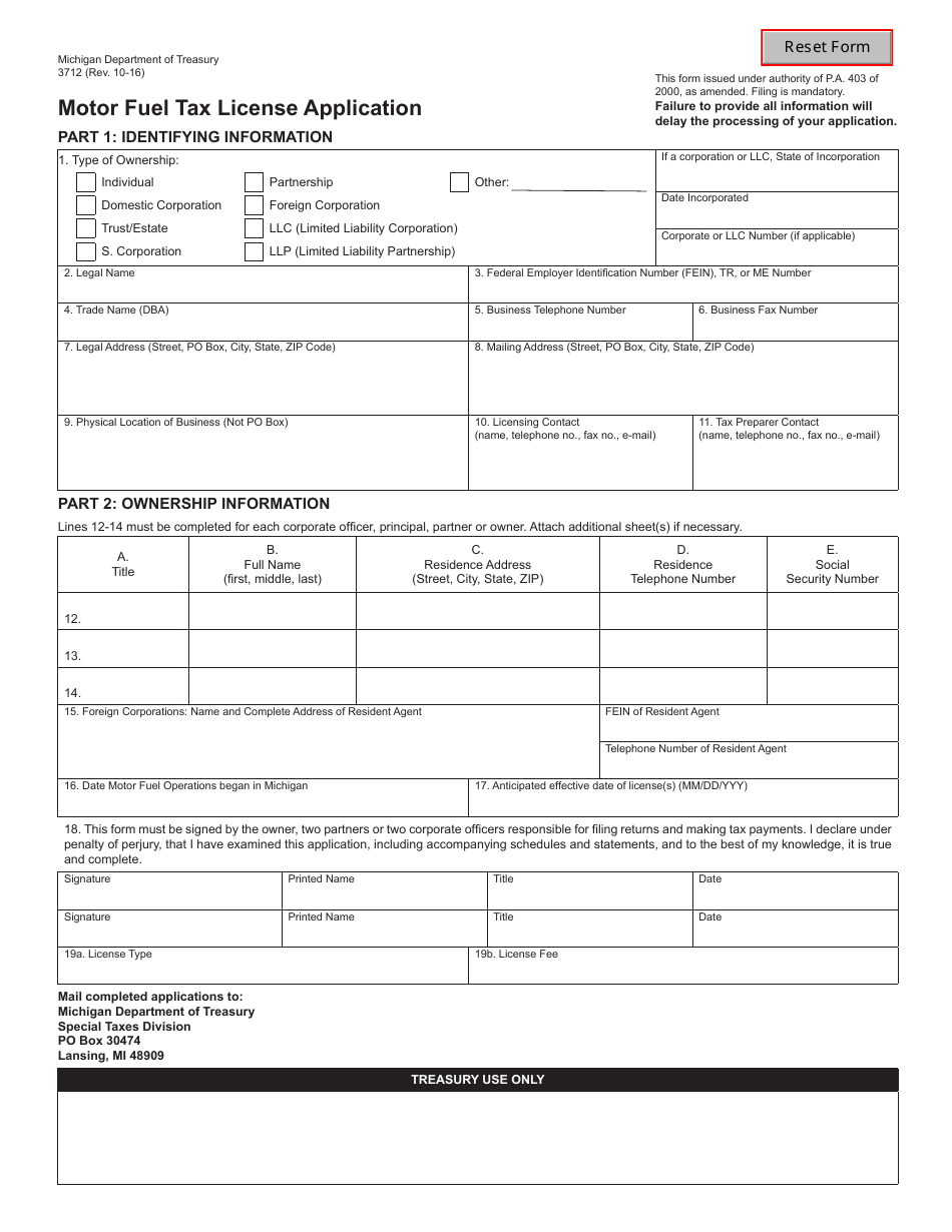 Form 3712 Motor Fuel Tax License Application - Michigan, Page 1
