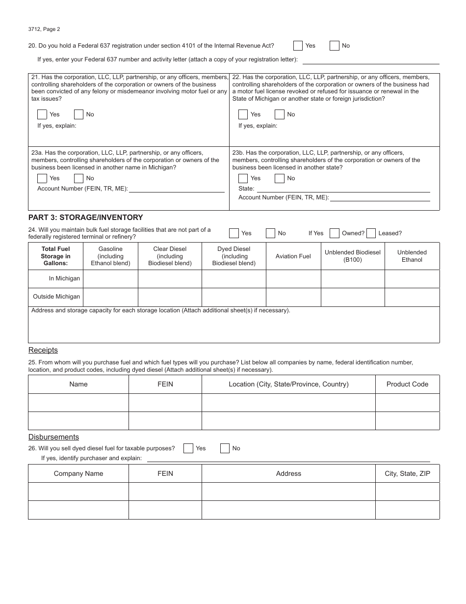 Form 3712 Motor Fuel Tax License Application - Michigan, Page 2