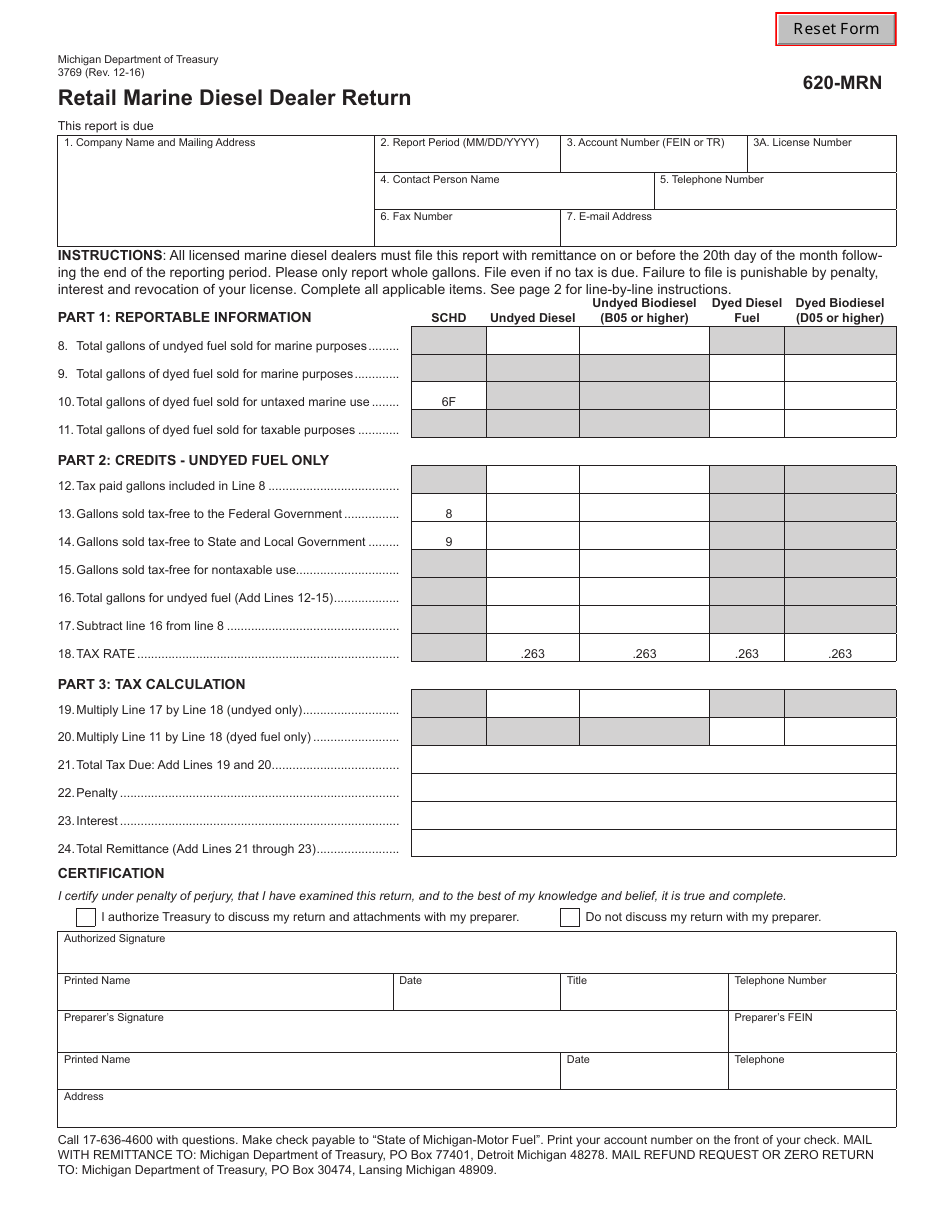 Form 3769 Retail Marine Diesel Dealer Return - Michigan, Page 1