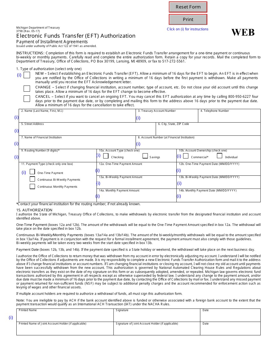 Form 3798 Electronic Funds Transfer (Eft) Authorization - Michigan, Page 1