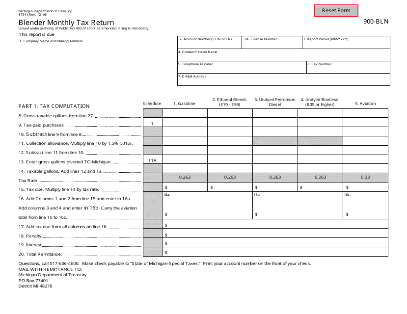 Form 3791 Blender Monthly Tax Return - Michigan