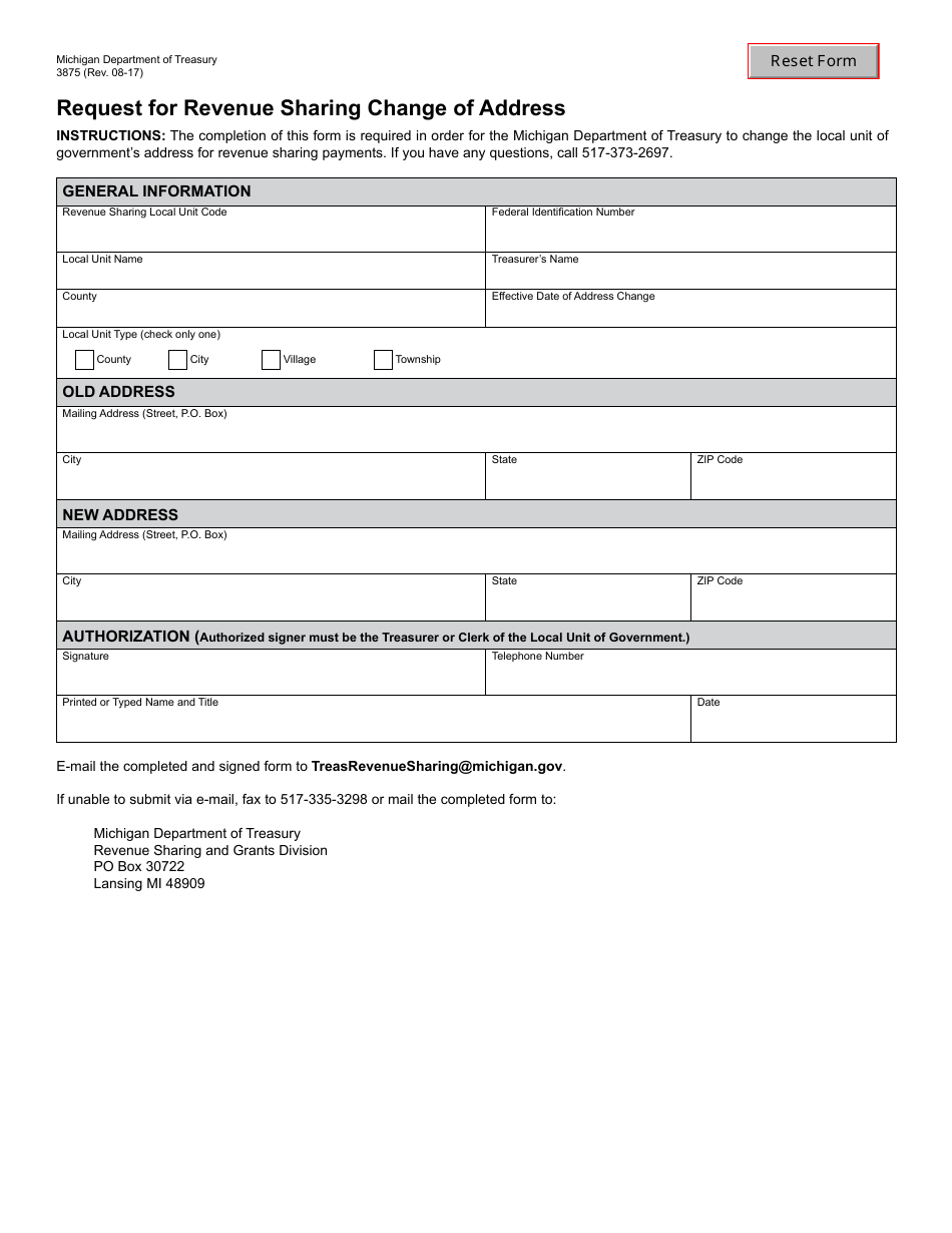 Form 3875 Request for Revenue Sharing Change of Address - Michigan, Page 1
