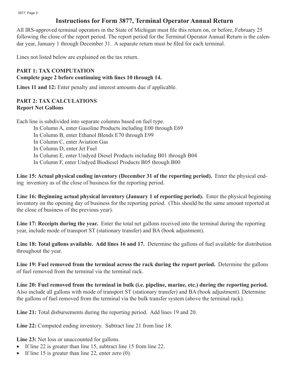 Form 3877 Terminal Operator Annual Return - Michigan, Page 3