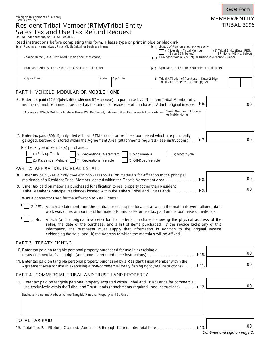 Form 3996 Resident Tribal Member (Rtm) / Tribal Entity Sales Tax and Use Tax Refund Request - Michigan, Page 1