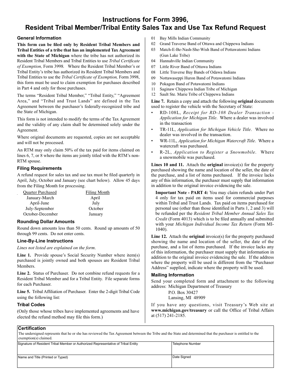 Form 3996 Resident Tribal Member (Rtm) / Tribal Entity Sales Tax and Use Tax Refund Request - Michigan, Page 2