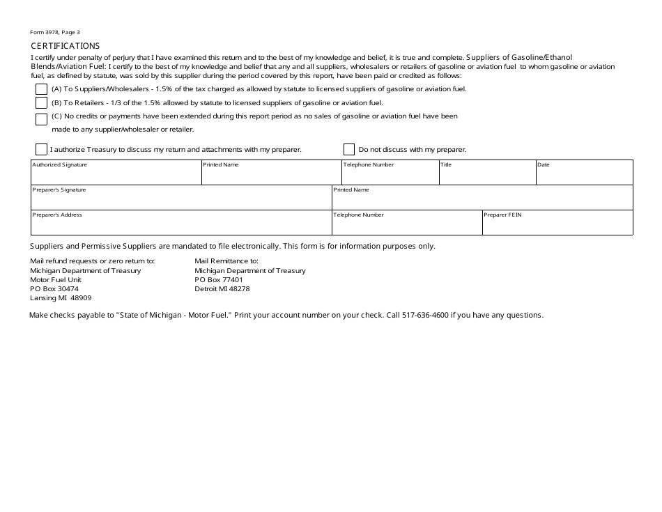 Form 3978 Fuel Supplier Return - Michigan, Page 3