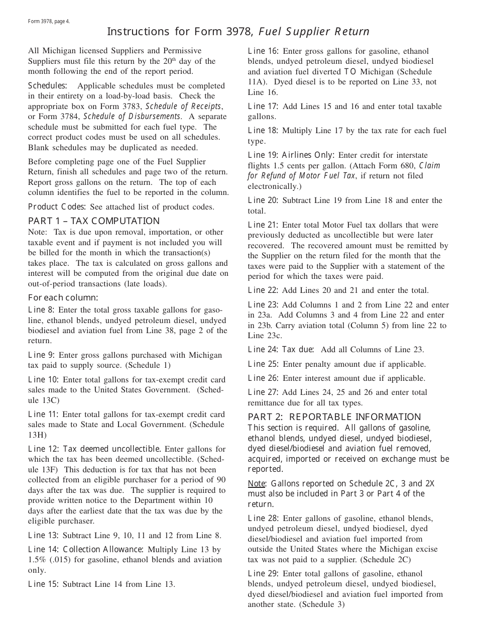 Form 3978 Fuel Supplier Return - Michigan, Page 4