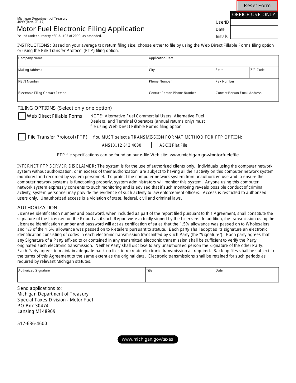 Form 4099 Motor Fuel Electronic Filing Application - Michigan, Page 1