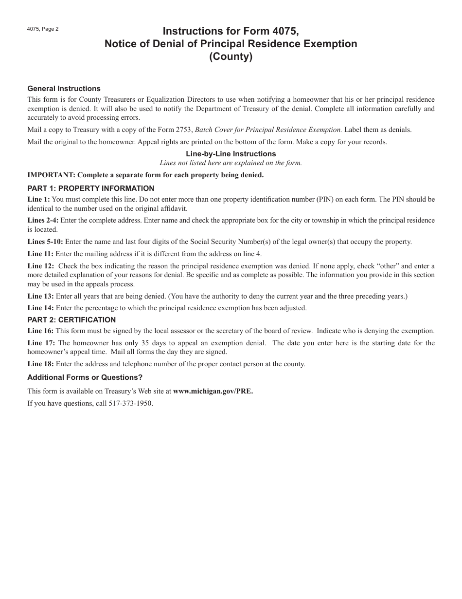 Form 4075 Notice of Denial of Principal Residence Exemption - Michigan, Page 2