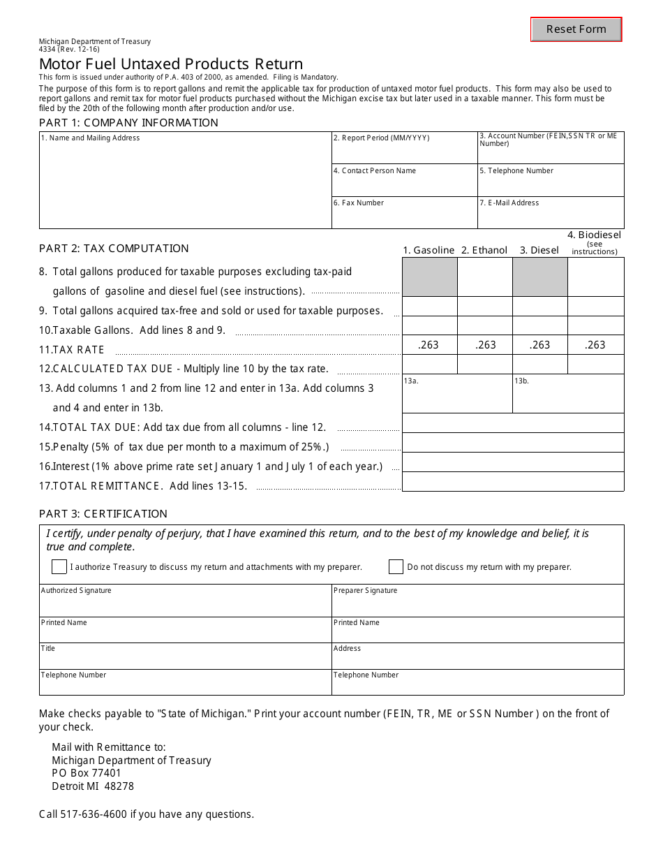 Form 4334 Motor Fuel Untaxed Products Return - Michigan, Page 1