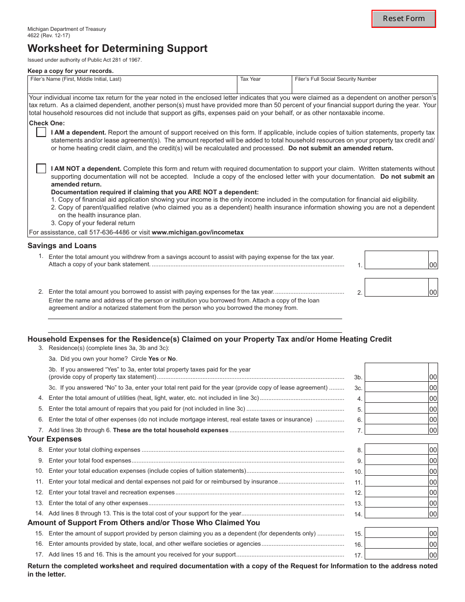 Form 4622 Worksheet for Determining Support - Michigan, Page 1