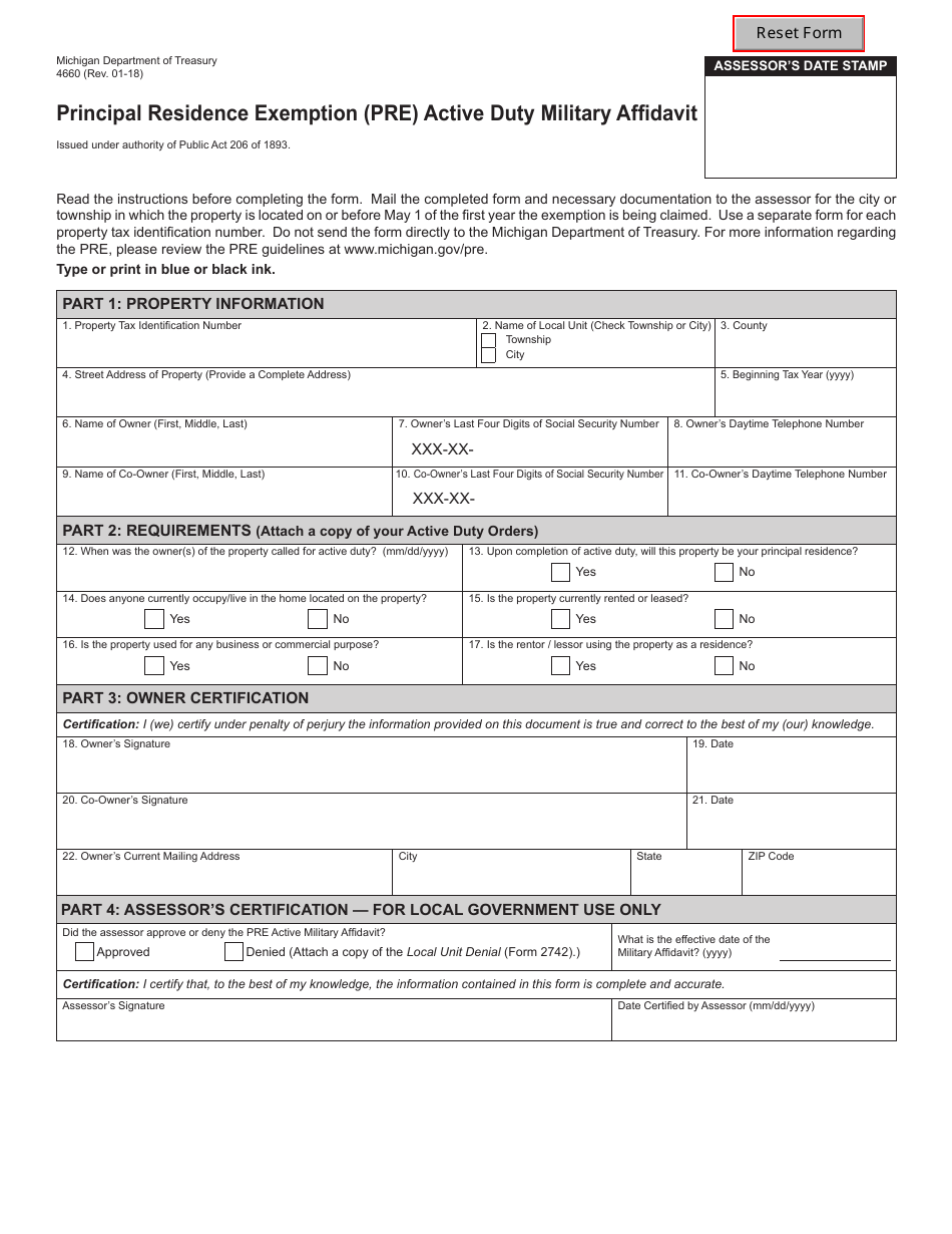 Form 4660 Principal Residence Exemption (Pre) Active Duty Military Affidavit - Michigan, Page 1