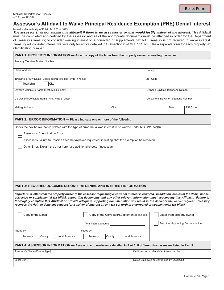 Form 4813 Assessors Affidavit to Waive Principal Residence Exemption (Pre) Denial Interest - Michigan, Page 1