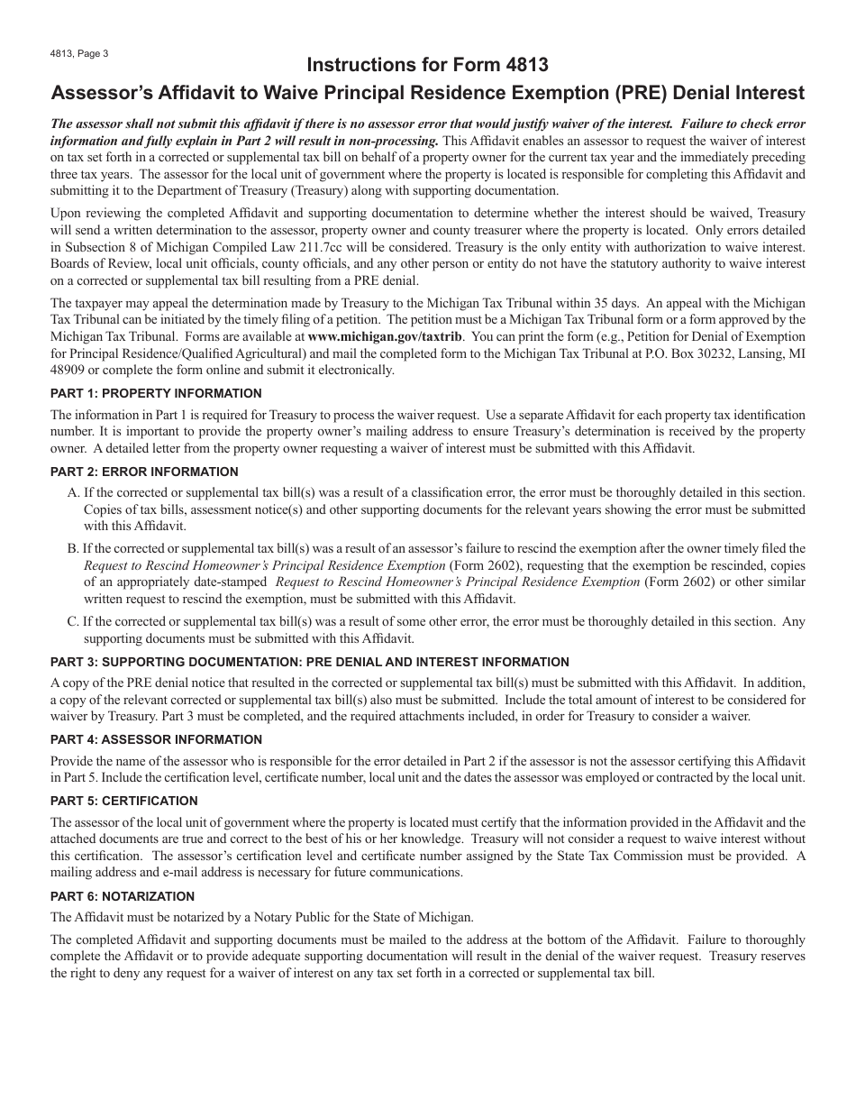 Form 4813 Assessors Affidavit to Waive Principal Residence Exemption (Pre) Denial Interest - Michigan, Page 3