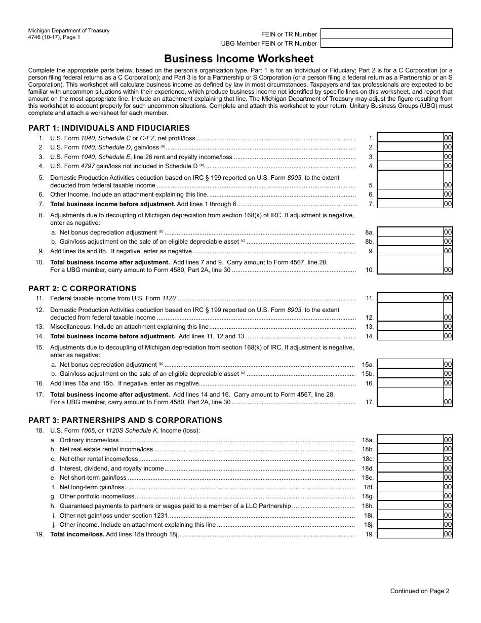 Form 4746 Business Income Worksheet - Michigan, Page 1