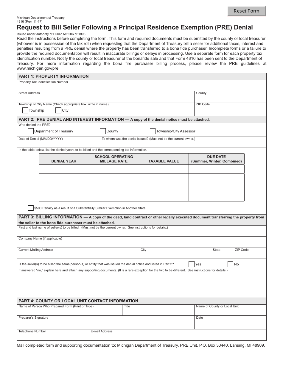 Form 4816 Request to Bill Seller Following a Principal Residence Exemption (Pre) Denial - Michigan, Page 1