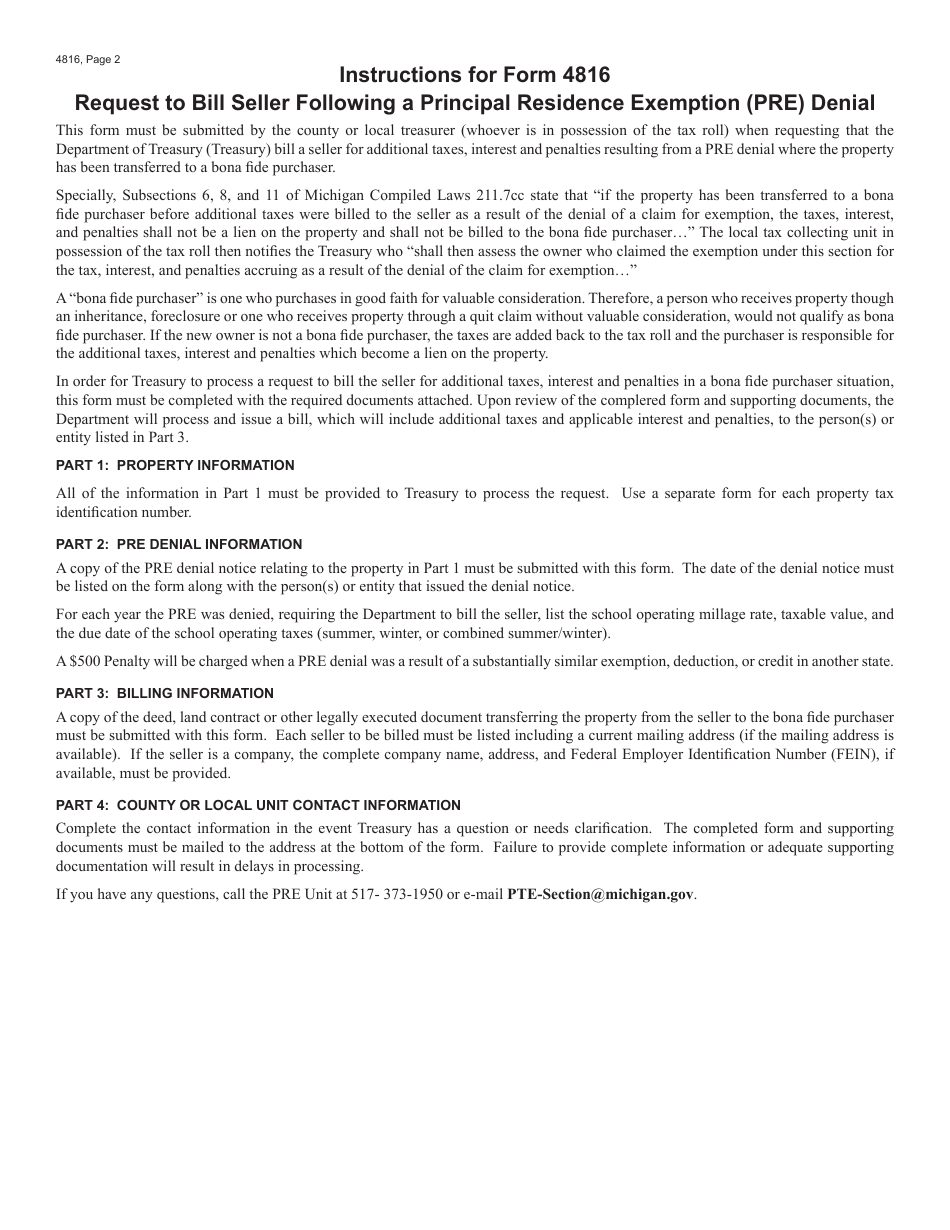 Form 4816 Request to Bill Seller Following a Principal Residence Exemption (Pre) Denial - Michigan, Page 2