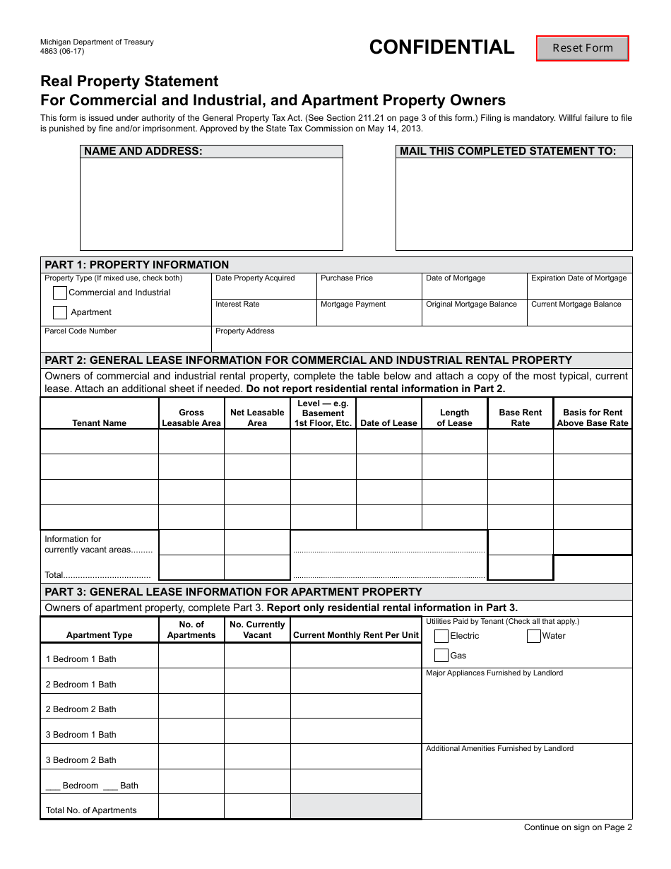 Form 4863 Real Property Statement for Commercial and Industrial, and Apartment Property Owners - Michigan, Page 1