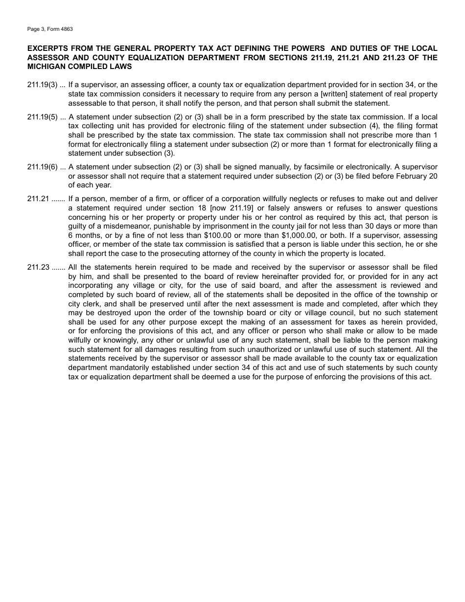 Form 4863 Real Property Statement for Commercial and Industrial, and Apartment Property Owners - Michigan, Page 3