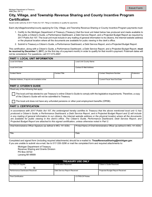 Form 4886 City, Village, and Township Revenue Sharing and County Incentive Program Certification - Michigan