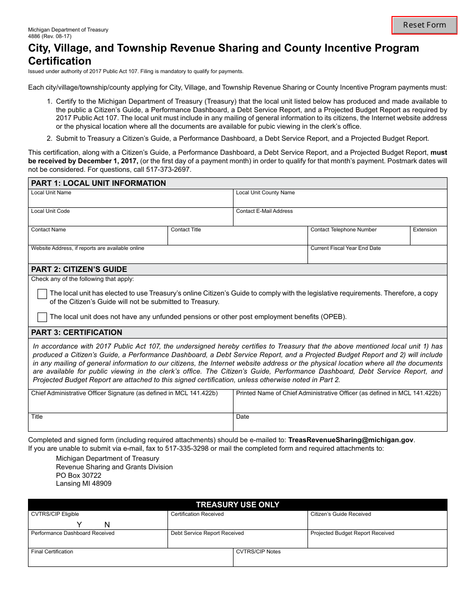 Form 4886 City, Village, and Township Revenue Sharing and County Incentive Program Certification - Michigan, Page 1