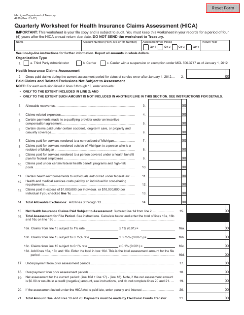 Form 4930 Quarterly Worksheet for Health Insurance Claims Assessment (Hica) - Michigan