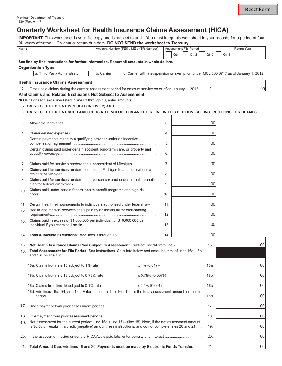Form 4930 Quarterly Worksheet for Health Insurance Claims Assessment (Hica) - Michigan, Page 1