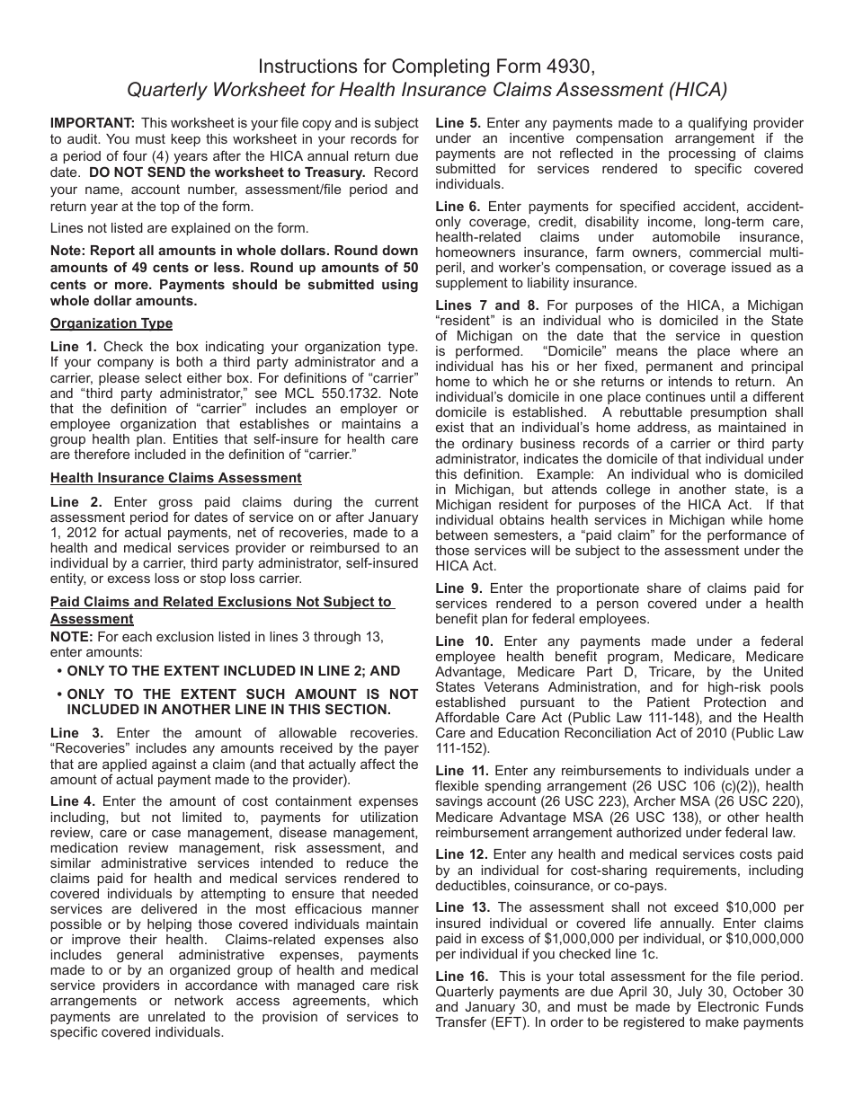 Form 4930 Quarterly Worksheet for Health Insurance Claims Assessment (Hica) - Michigan, Page 2