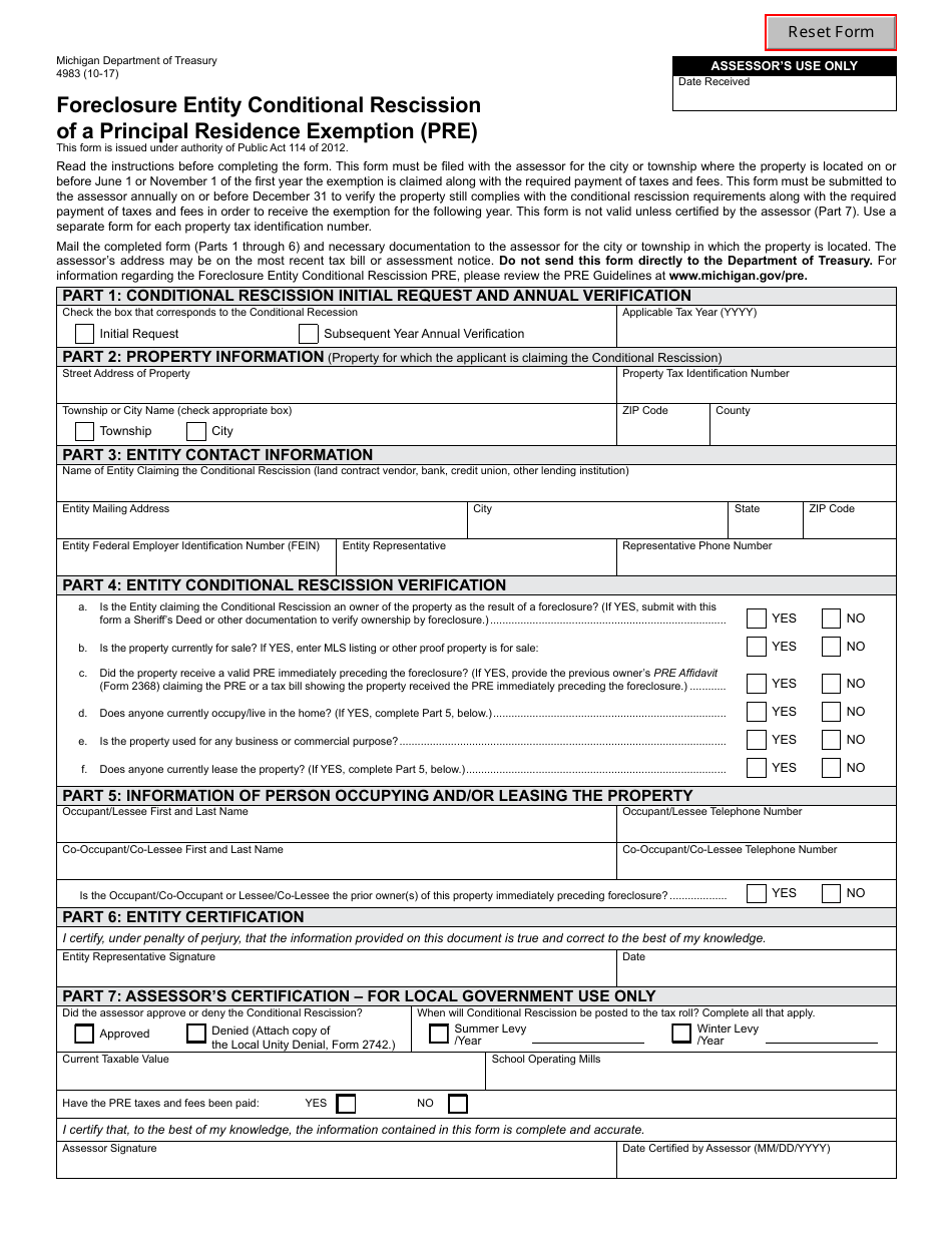 Form 4983 Foreclosure Entity Conditional Rescission of a Principal Residence Exemption (Pre) - Michigan, Page 1