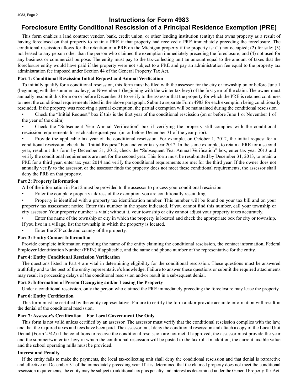Form 4983 Foreclosure Entity Conditional Rescission of a Principal Residence Exemption (Pre) - Michigan, Page 2