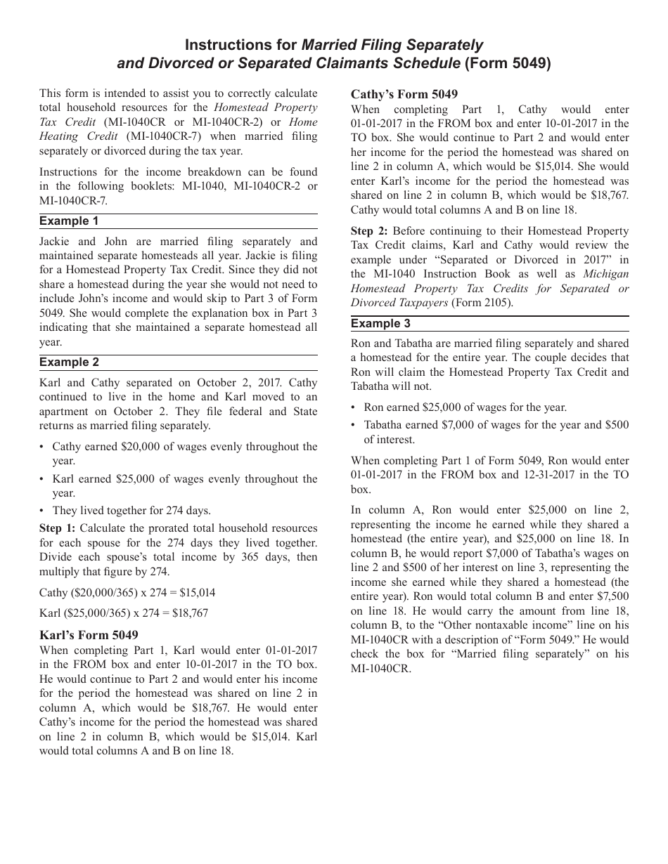 Form 5049 Michigan Married Filing Separately and Divorced or Separated Claimants Schedule - Michigan, Page 2