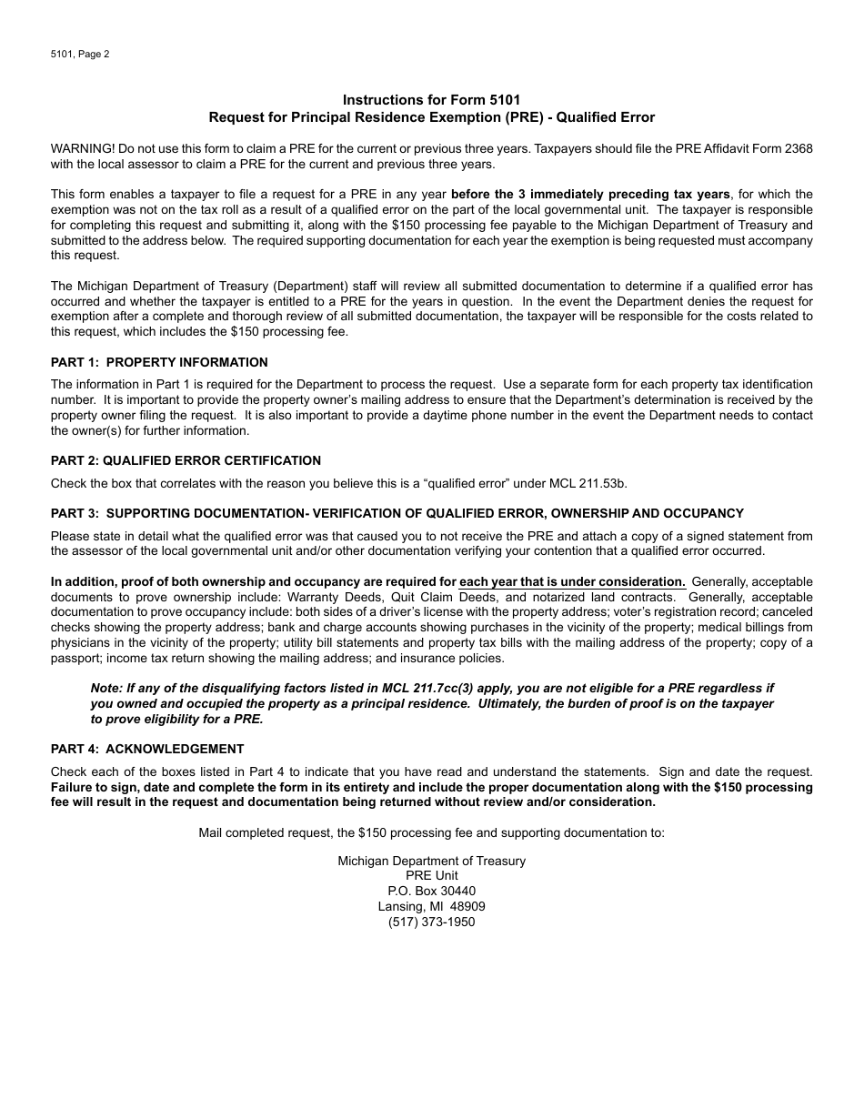 Form 5101 Request for Principal Residence Exemption - Qualified Error - Michigan, Page 2
