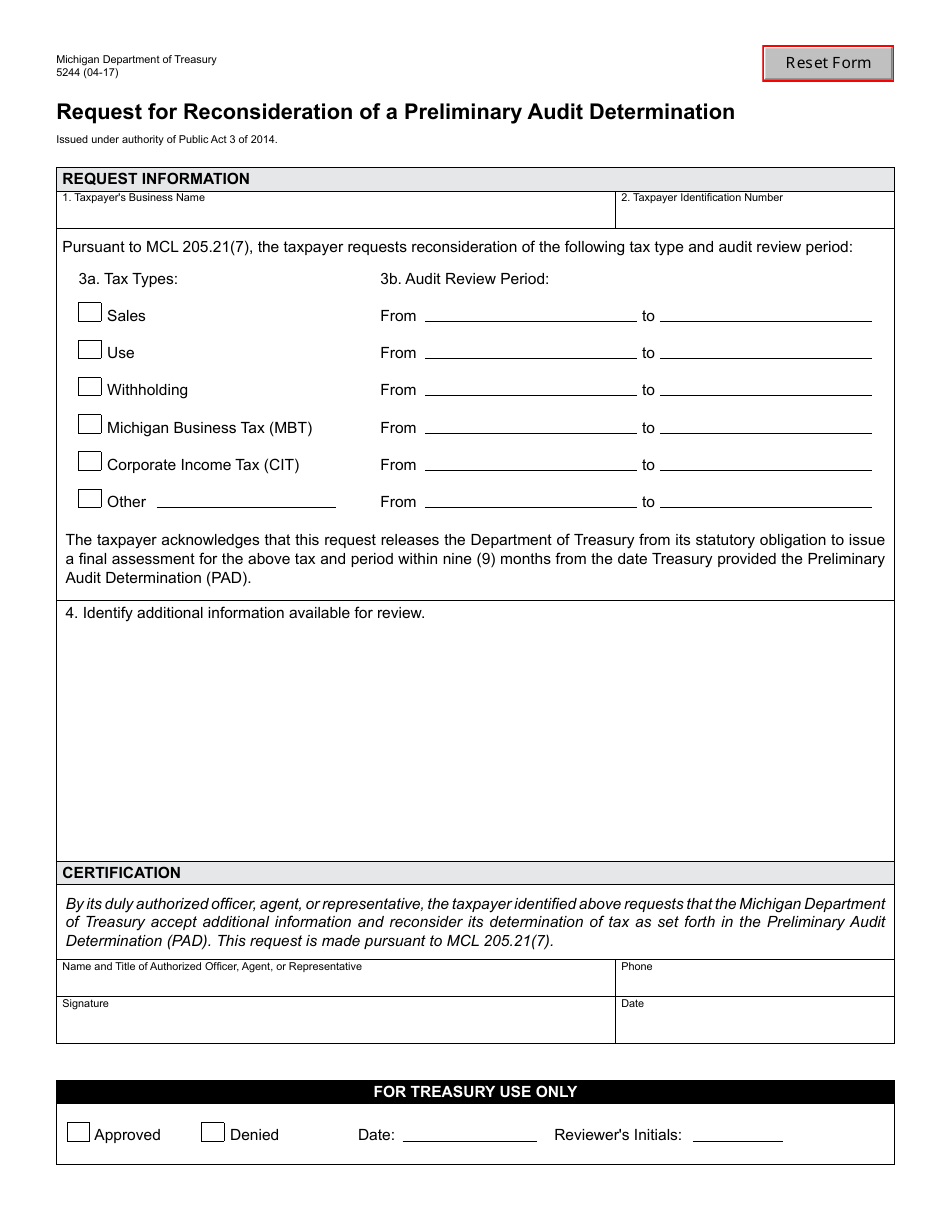 Form 5244 Request for Reconsideration of a Preliminary Audit Determination - Michigan, Page 1