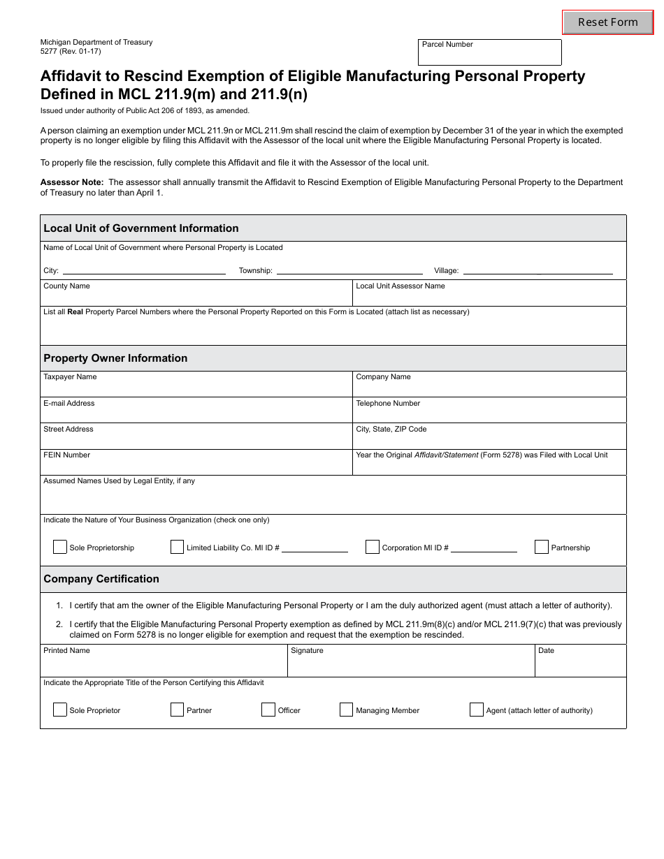 Form 5277 Affidavit to Rescind Exemption of Eligible Manufacturing Personal Property Defined in Mcl 211.9(M) and 211.9(N) - Michigan, Page 1